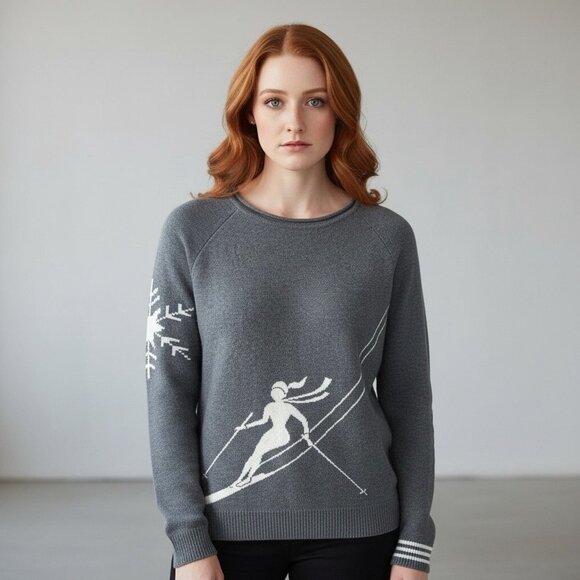 Krimson Klover Sweaters - Krimson Klover Alpine Ski Graphic Sweater Gray & White Wool Blend Size Large